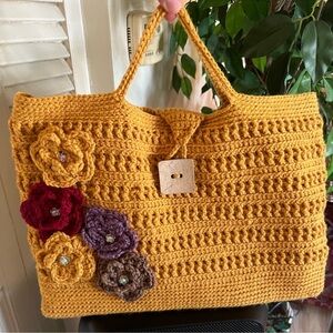Chic Mustard Crochet Laptop Case with Floral Details